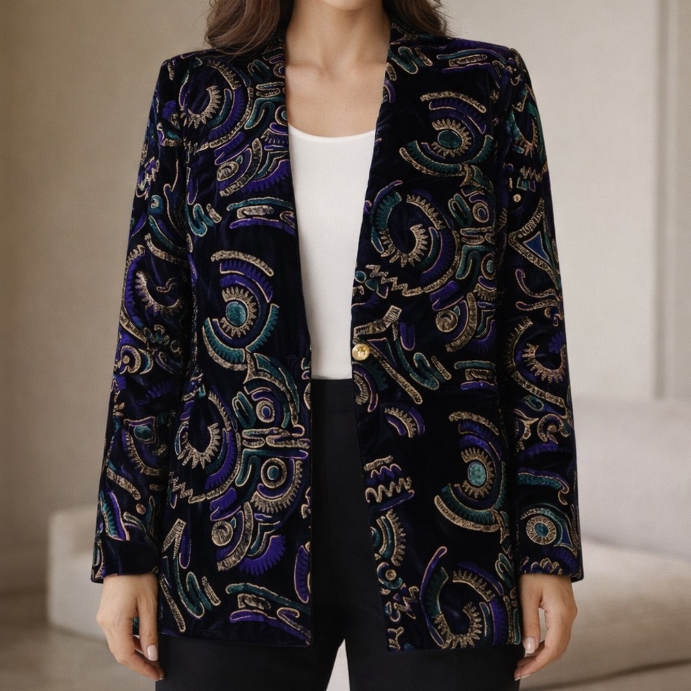 Vintage Worthington Burnout Velvet Blazer Abstract 80s Power Shoulder Size 10